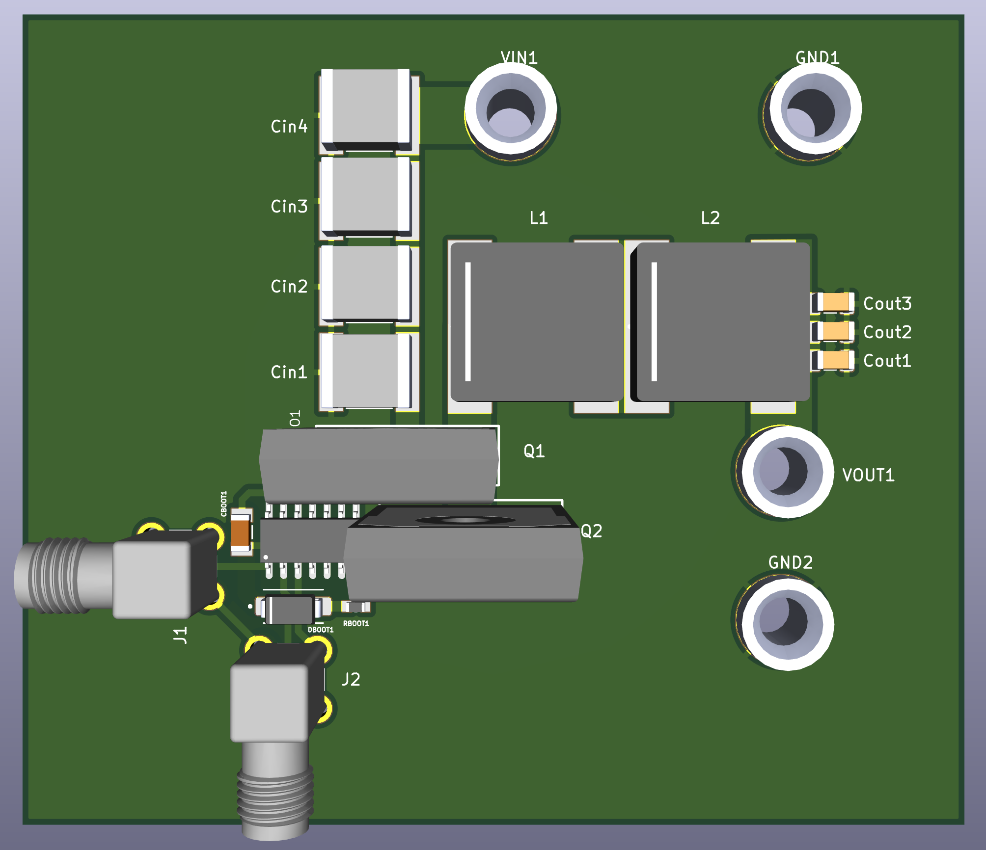 3D rendered view of the complete PCB assembly